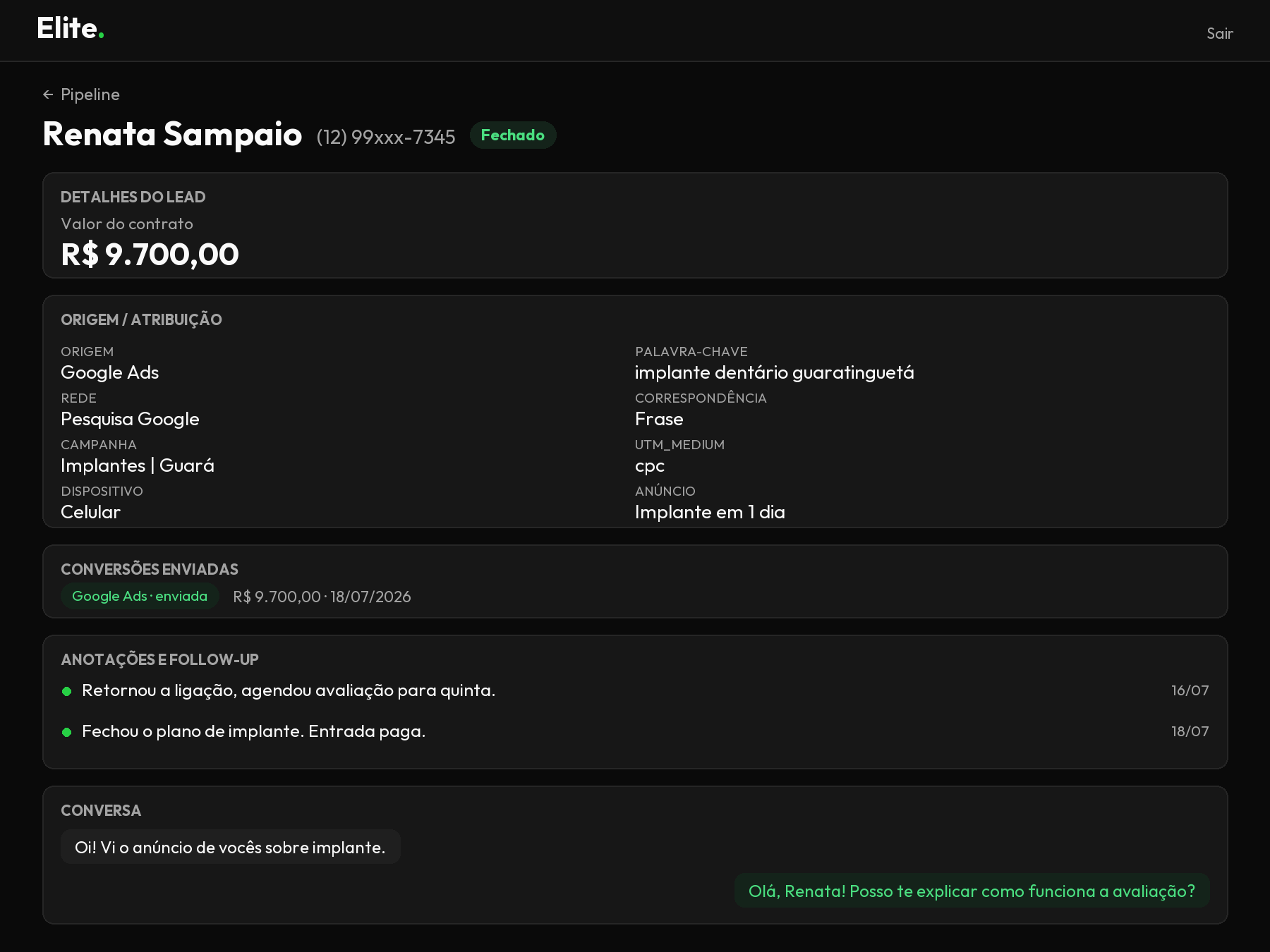 Tela de um lead: contrato de R$ 9.700, painel de origem e atribuição com palavra-chave e campanha, conversão enviada ao Google Ads, anotações e conversa. Dados ilustrativos.